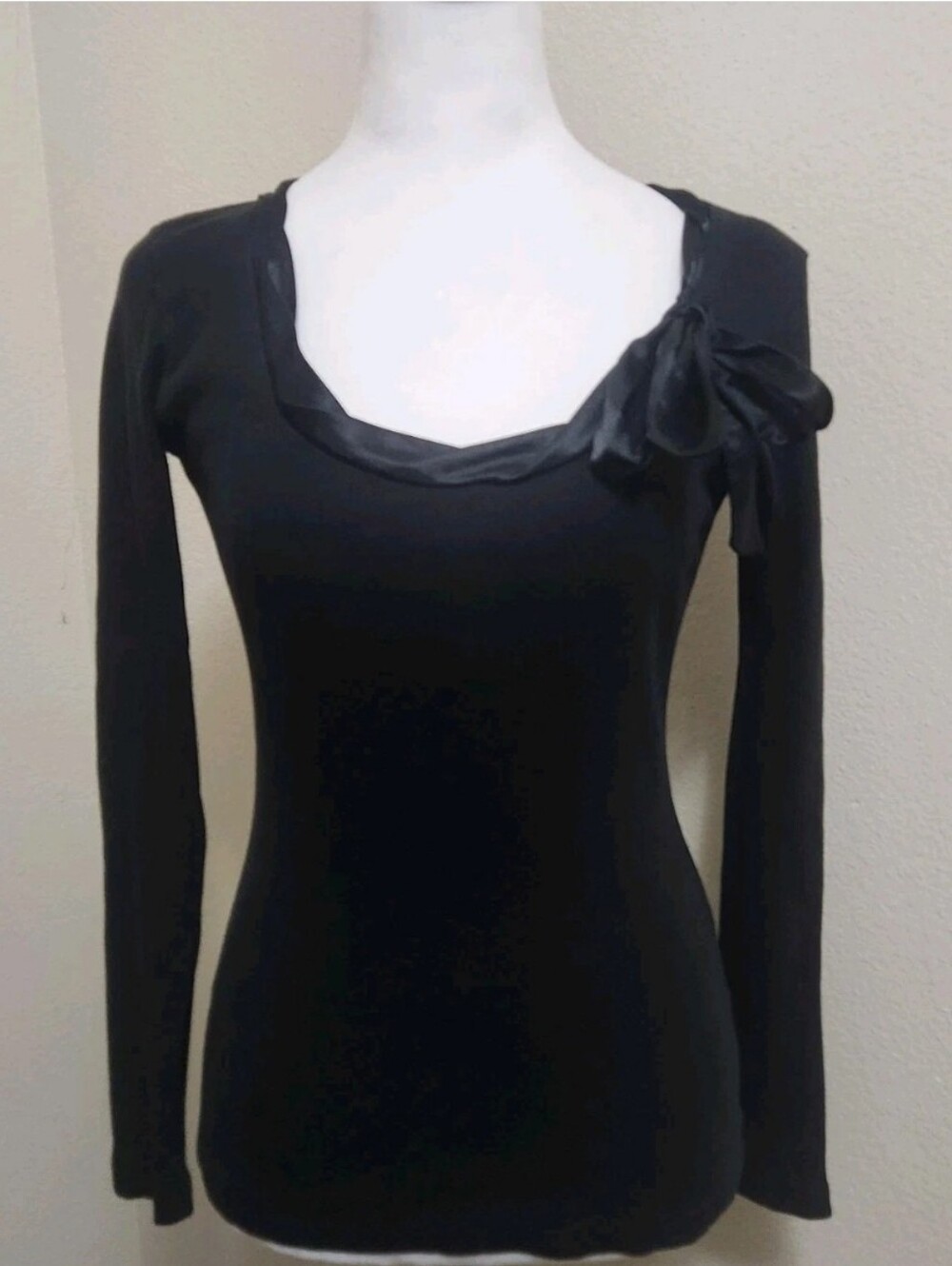 Whimsigoth Ribbed Thermal Top L Black Satin Bow Stretch Dark Fairy Goth Comfort - Picture 2 of 16